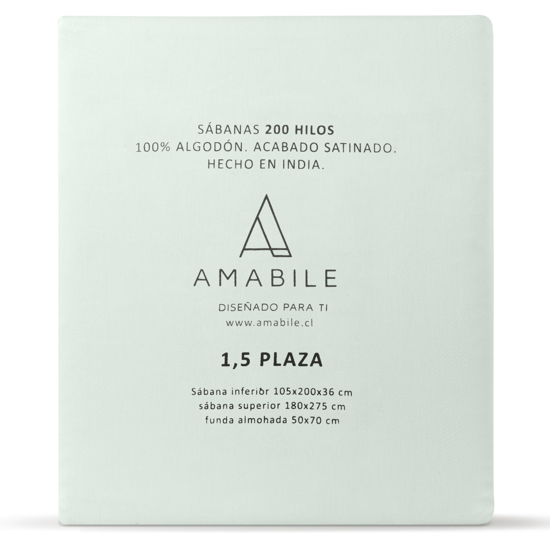 Juego de Sábanas 1.5 Plazas Verde Agua Satinadas y Suaves Algodón 100% Indio
