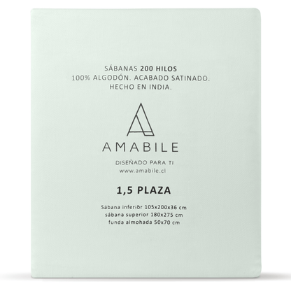 Juego de Sábanas 1.5 Plazas Verde Agua Satinadas y Suaves Algodón 100% Indio