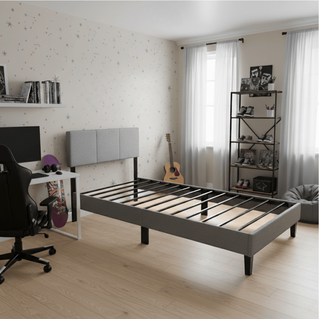 Base de cama Cortona con Respaldo 1 Plaza Gris Claro