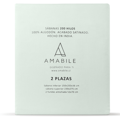 Juego De Sábanas 2 Plazas 100% Algodón Indio 200 Hilos Verde Agua