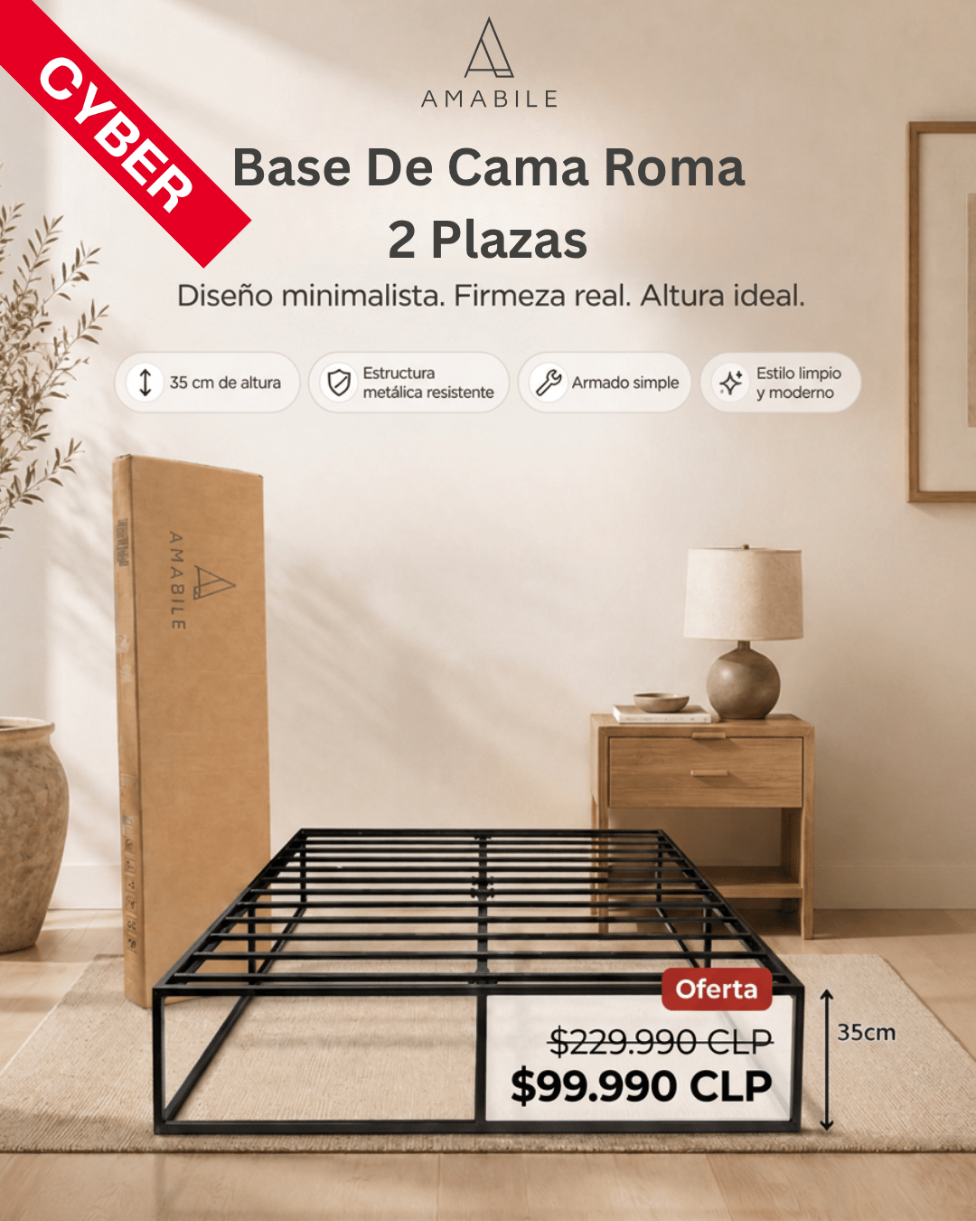 Base De Cama Metálica Roma 2 Plazas Con Almacenaje