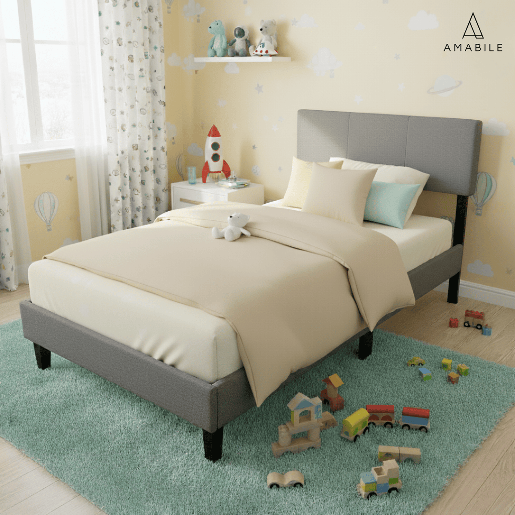 Base de cama Cortona con Respaldo 1 Plaza Gris Claro