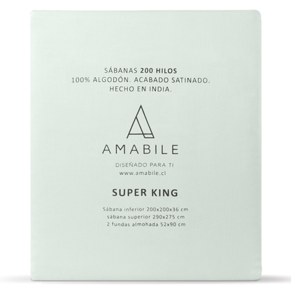 Juego de Sábanas Súper King Verde AguaSatinadas y Suaves Algodón 100% Indio