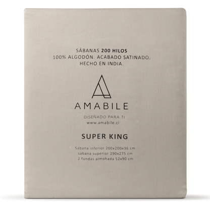 Juego de Sábanas Súper King Beige Satinadas y Suaves Algodón 100% Indio